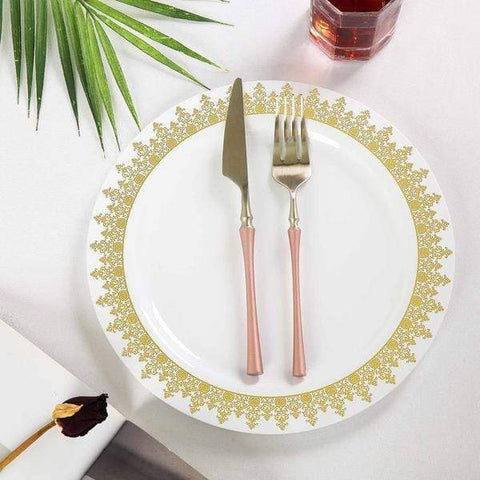 10 pcs 9 in. Disposable White Plastic Dinner Plates with Ornament Trim