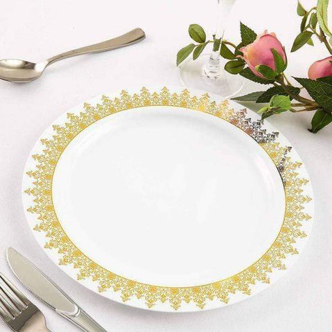 10 pcs 10 in. Disposable White Plastic Dinner Plates with Ornament Trim