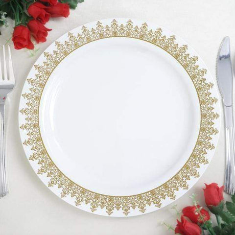 10 pcs 8 in. Disposable White Plastic Dinner Plates with Ornament Trim