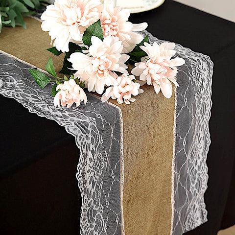 16x108 in Faux Burlap with Lace Table Runner