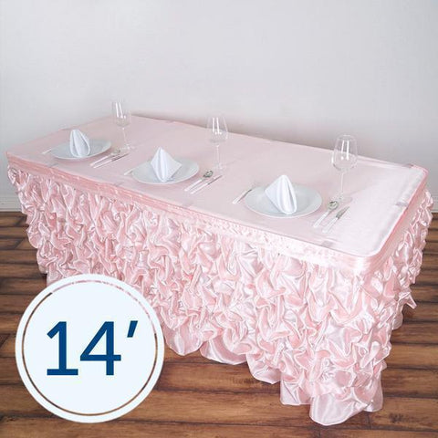 14 feet x 29" Blush Ruched Lamour Satin Banquet Table Skirt