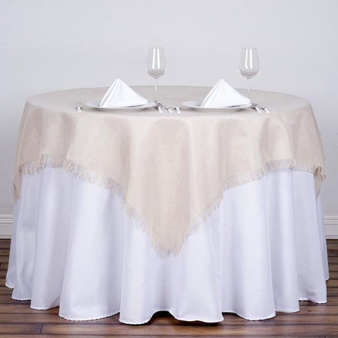 54 x 54 inch Light Natural Color Square Fringed Faux Burlap Tablecloth