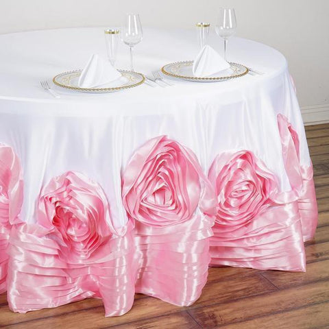 132" White & Pink Round Large Raised Roses Lamour Satin Tablecloth