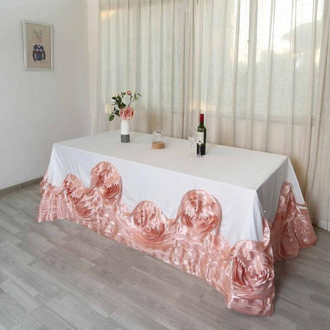 90"x132" White & Blush Rectangular Large Roses Lamour Satin Tablecloth
