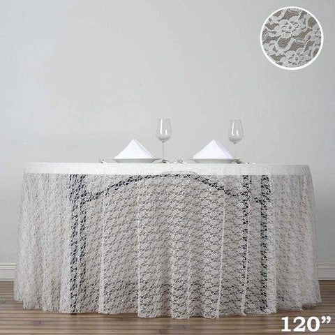 120 inch Ivory Polyester Round Tablecloth with Floral Lace