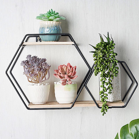 Metal with Wood 2 Tier Geometric Floating Shelves