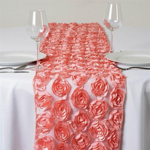 Rose Quartz Pink Raised Roses on Lace Table Runner