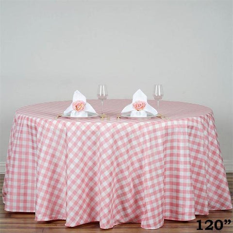 120 inch Rose Quartz Pink on White Round Gingham Checkered Polyester Round Tablecloth