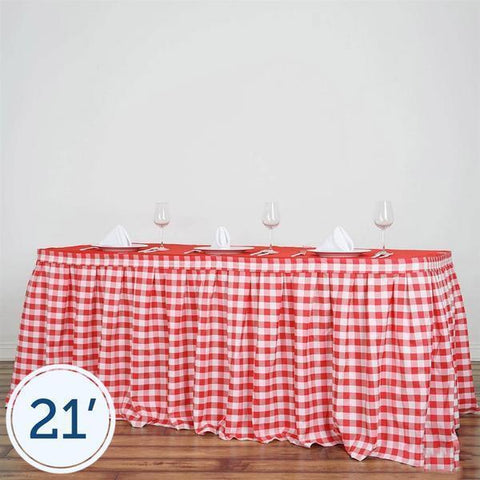 21 feet x 29" Red on White Checkered Gingham Polyester Table Skirt