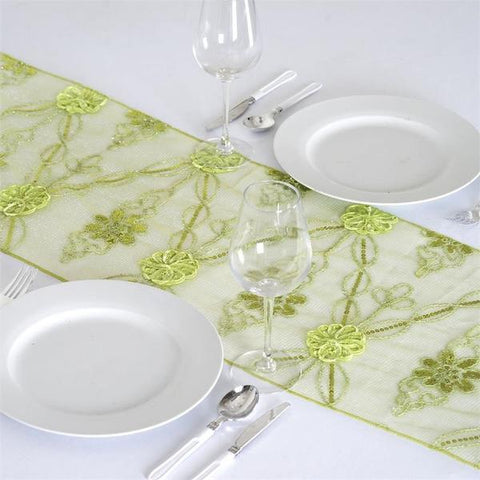 Tea Green Sequined Flowers on Lace Table Runner