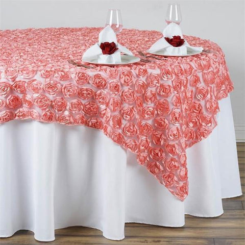 72 inch Rose Quartz Pink Raised Roses Square Lace Table Overlay