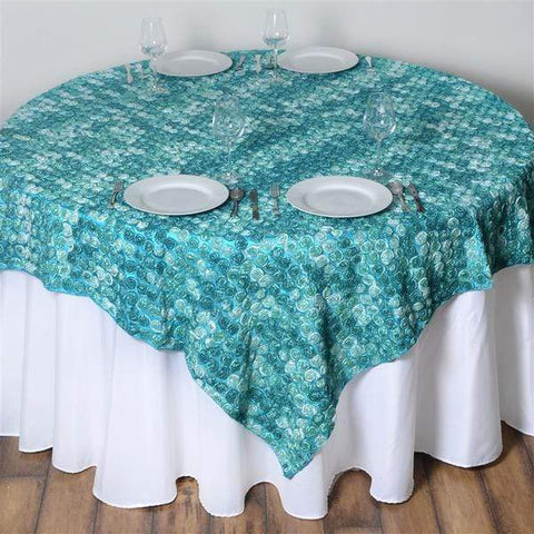 72 inch Turquoise Ombre Mini Ribbon Roses Square Table Overlay
