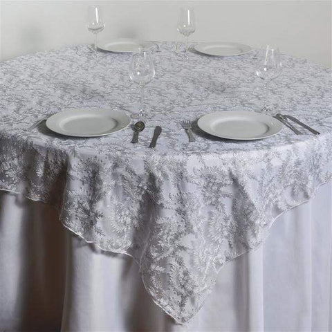 72 inch Silver Flowers on White Lace Table Overlay