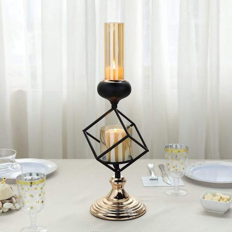 Black and Gold Geometric Cube Stand with Tealight Votive Glass Candle Holders