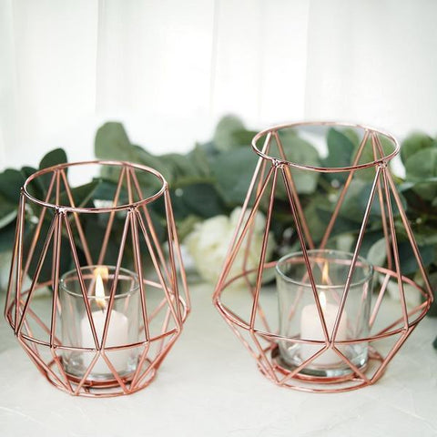 2 pcs Rose Gold Geometric Tealight Votive Metal with Glass Candle Holder