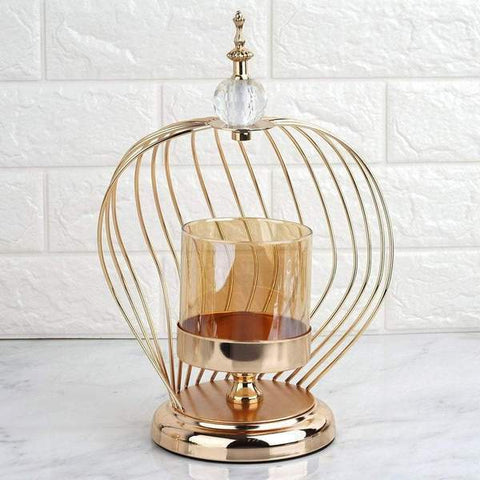 Gold Open Bird Cage Candle Holder with Glass Centerpiece