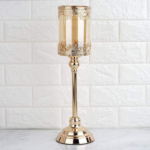 Gold Metal with Lacy Trim Glass Candle Holder Centerpiece