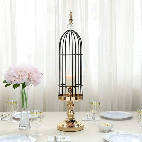 Gold and Black Metal Bird Cage Candle Holder Centerpiece
