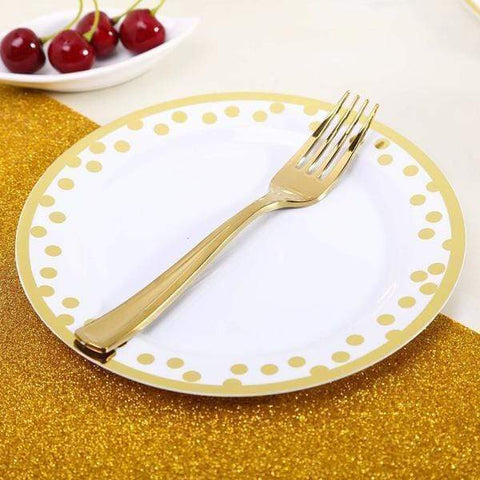 Disposable White Plastic Dinner Plates with Gold Polka Dots Trim