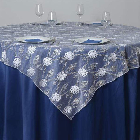 72 inch White Sequined Flowers on Lace Table Overlay