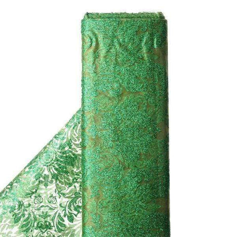 54 inch x 10 yards Willow Green Glittered Flocking Damask on Organza Fabric Bolt