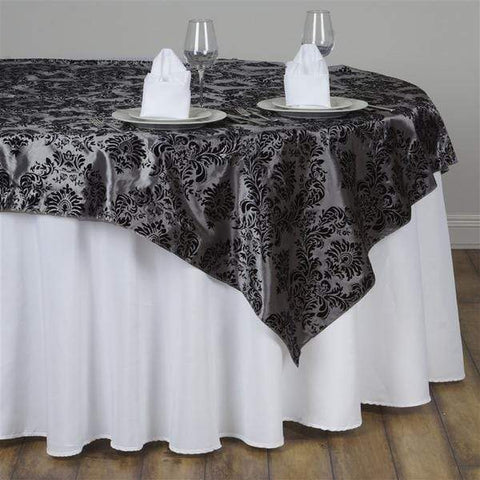 72 inch Square Black on Silver Flocked Damask Table Overlay