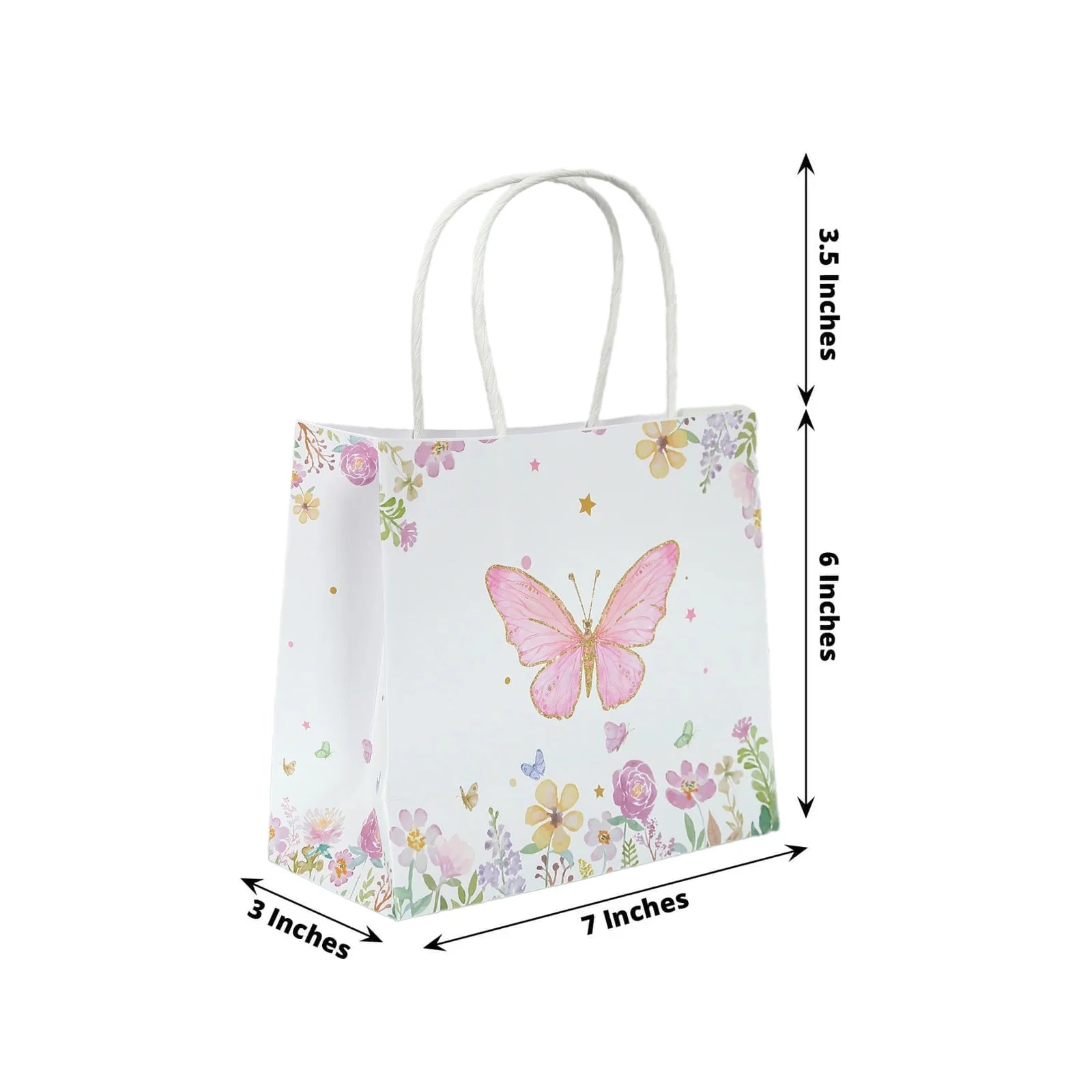 12 White and Pink 6x7 in Glitter Butterfly Paper Gift Bags with Handles