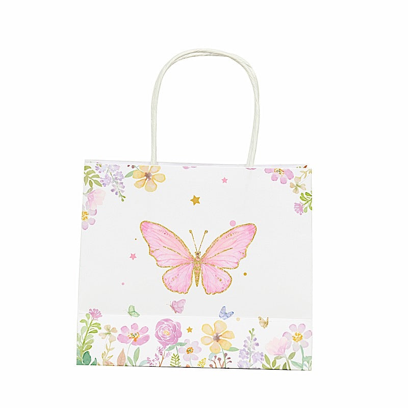 12 White and Pink 6x7 in Glitter Butterfly Paper Gift Bags with Handles