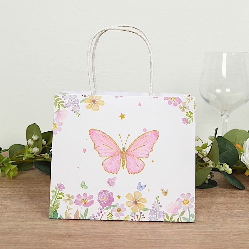 12 White and Pink 6x7 in Glitter Butterfly Paper Gift Bags with Handles