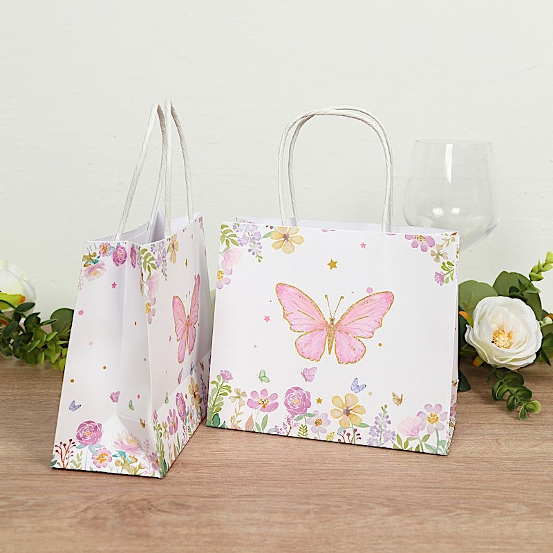 12 White and Pink 6x7 in Glitter Butterfly Paper Gift Bags with Handles