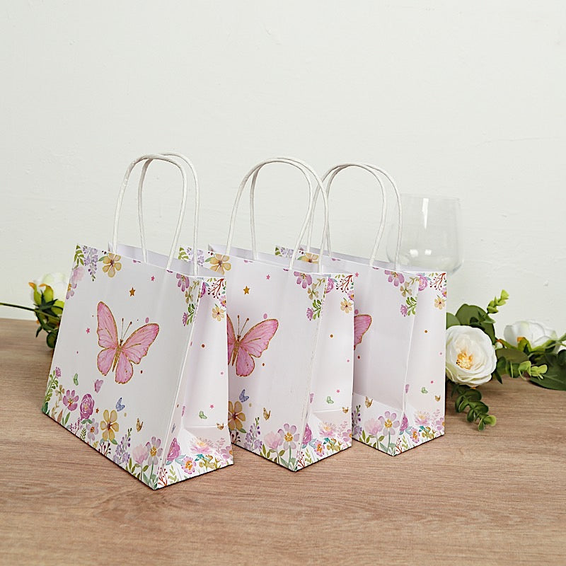 12 White and Pink 6x7 in Glitter Butterfly Paper Gift Bags with Handles