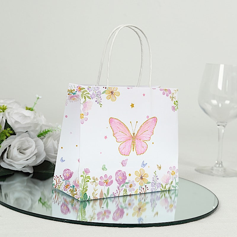 12 White and Pink 6x7 in Glitter Butterfly Paper Gift Bags with Handles