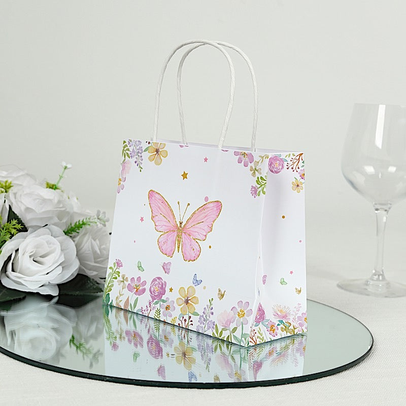 12 White and Pink 6x7 in Glitter Butterfly Paper Gift Bags with Handles