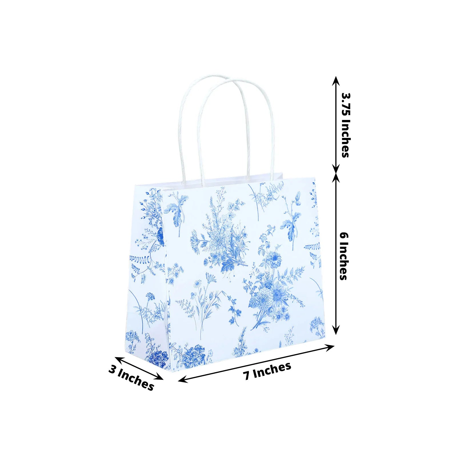 12 White and Blue 6x7 in French Toile Paper Gift Bags with Handles