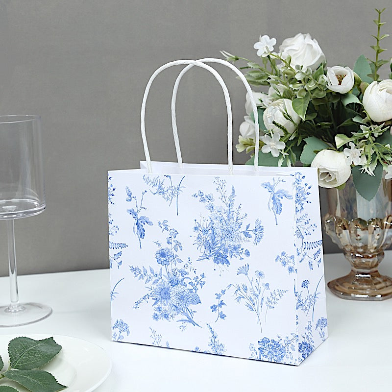 12 White and Blue 6x7 in French Toile Paper Gift Bags with Handles