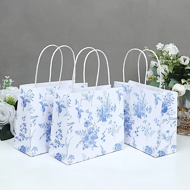 12 White and Blue 6x7 in French Toile Paper Gift Bags with Handles