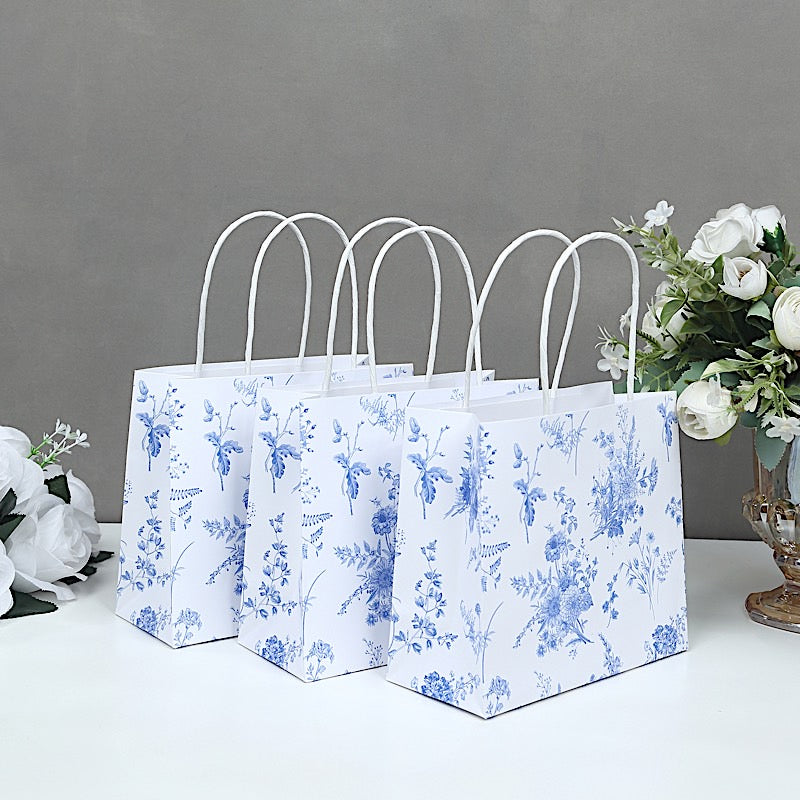 12 White and Blue 6x7 in French Toile Paper Gift Bags with Handles