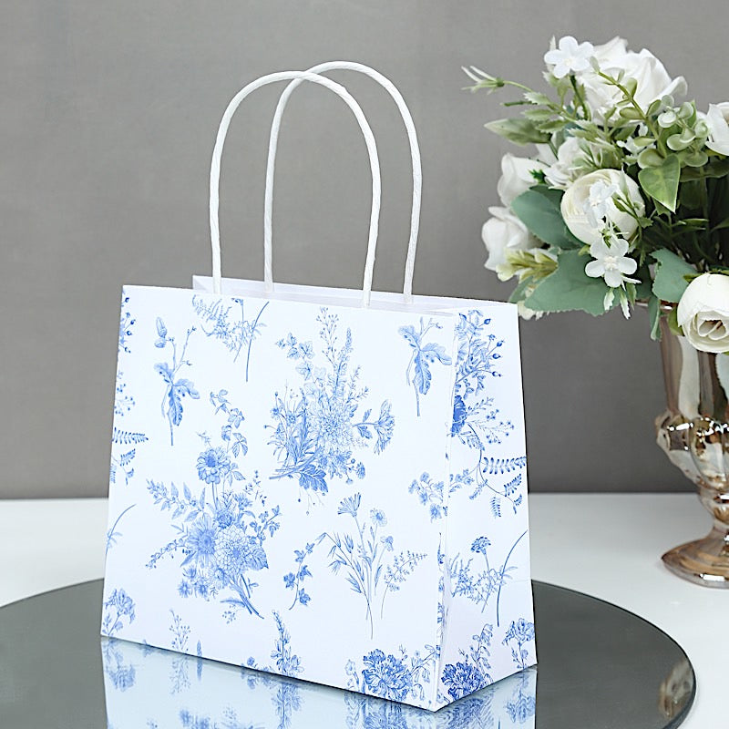 12 White and Blue 6x7 in French Toile Paper Gift Bags with Handles