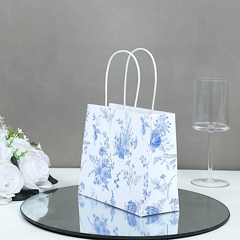 12 White and Blue 6x7 in French Toile Paper Gift Bags with Handles