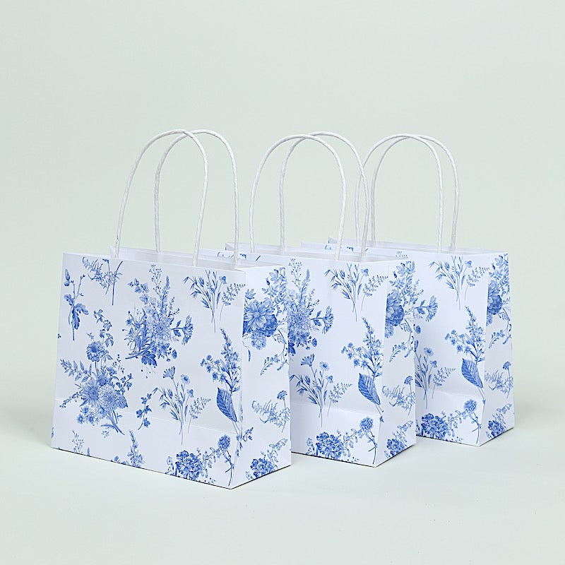 12 White and Blue 6x7 in French Toile Paper Gift Bags with Handles