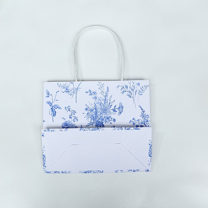 12 White and Blue 6x7 in French Toile Paper Gift Bags with Handles