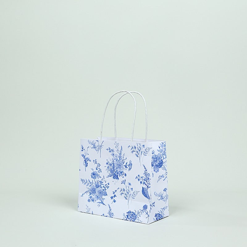 12 White and Blue 6x7 in French Toile Paper Gift Bags with Handles