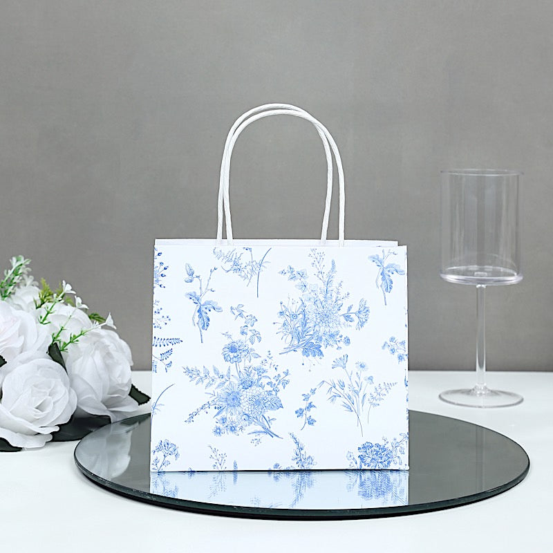 12 White and Blue 6x7 in French Toile Paper Gift Bags with Handles