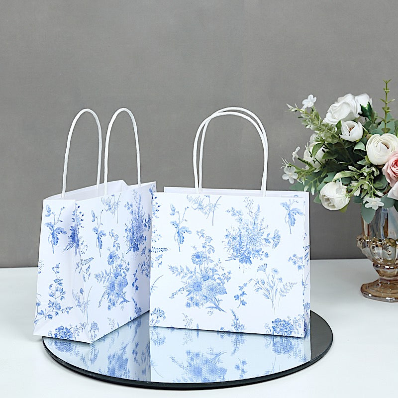 12 White and Blue 6x7 in French Toile Paper Gift Bags with Handles