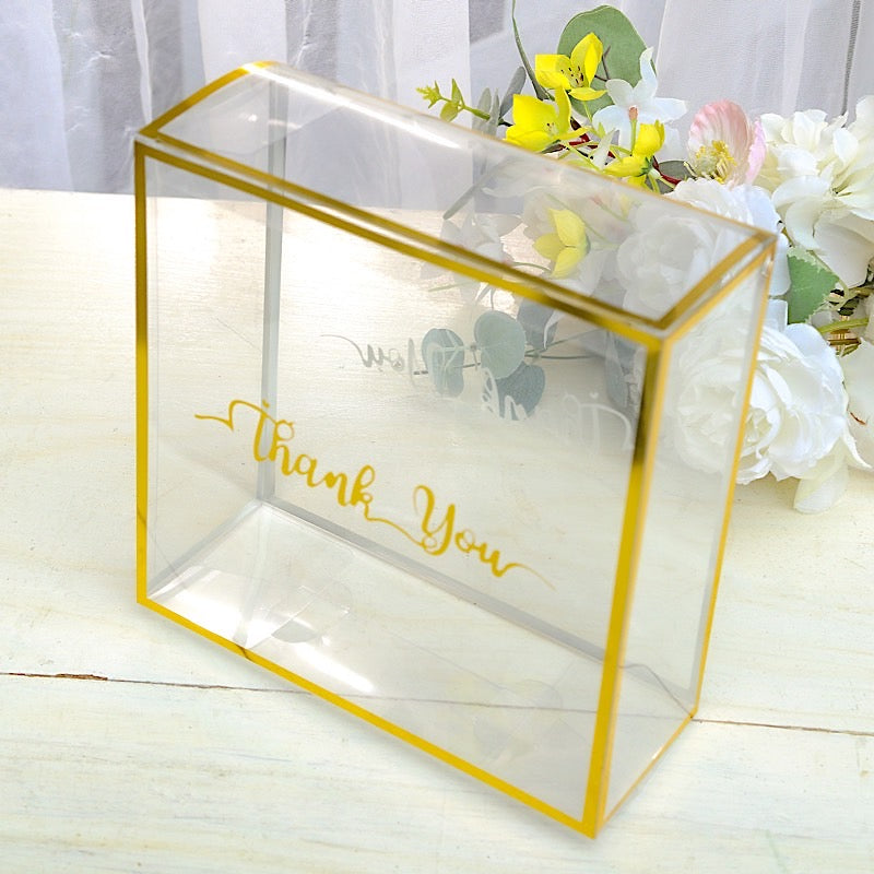 25 Gold and Clear 8x8 in PVC Favor Boxes with Rope Handles and Thank You Print