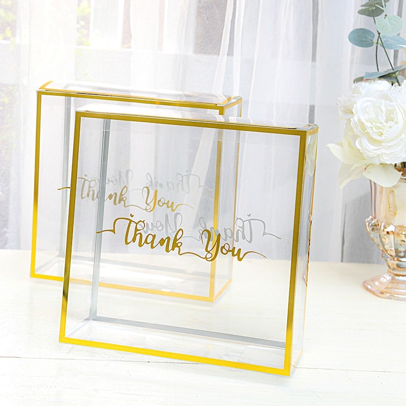 25 Gold and Clear 8x8 in PVC Favor Boxes with Rope Handles and Thank You Print