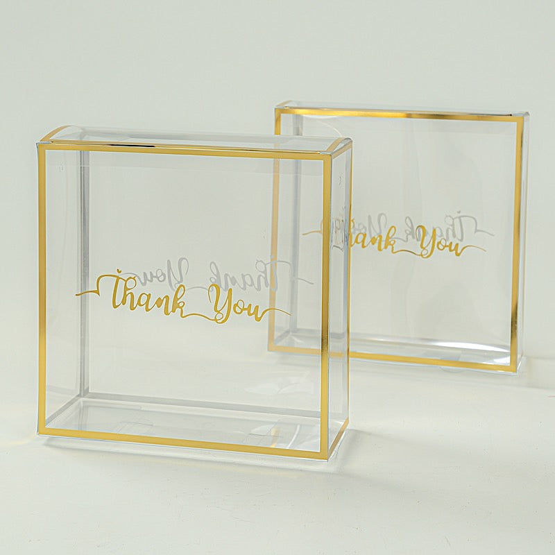 25 Gold and Clear 8x8 in PVC Favor Boxes with Rope Handles and Thank You Print