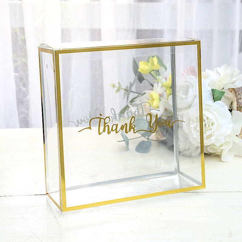 25 Gold and Clear 8x8 in PVC Favor Boxes with Rope Handles and Thank You Print