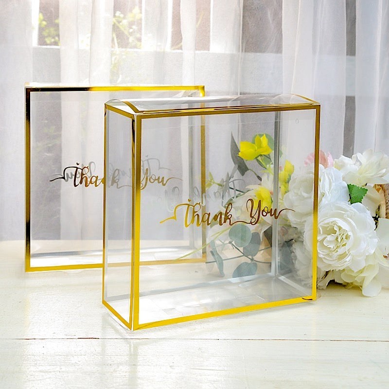 25 Gold and Clear 8x8 in PVC Favor Boxes with Rope Handles and Thank You Print