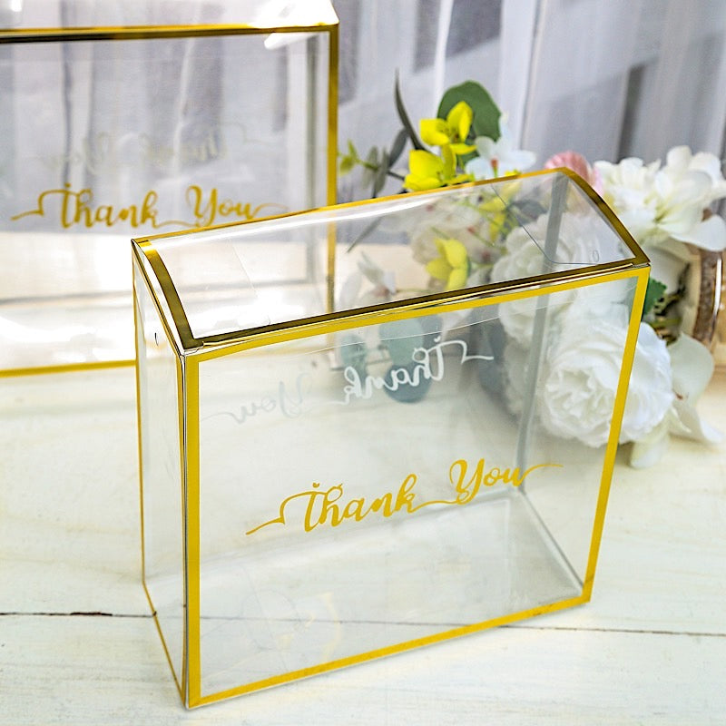 25 Gold and Clear 8x8 in PVC Favor Boxes with Rope Handles and Thank You Print